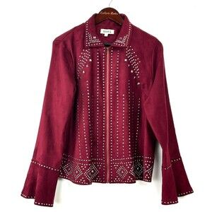 Rockin G Women Maroon Jacket Studded Moto Faux Suede Full Zip Bell Sleeve Sz L